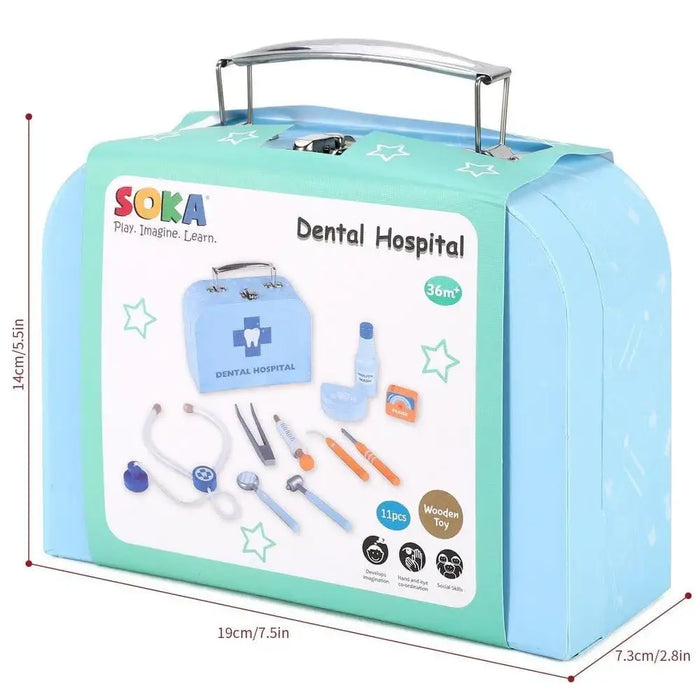 Kids wooden dental hospital set in blue carry case with toy dentist tools, SOKA brand.