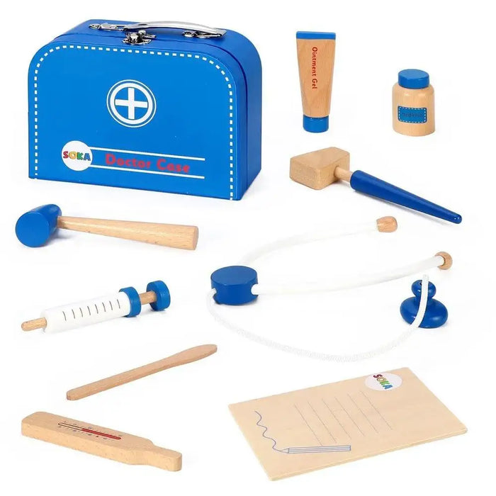 Kids wooden doctor set with blue carry case, stethoscope, syringe, and medical tools