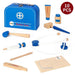 Kids wooden doctor set with blue carry case and 10 medical play toys, SOKA brand.