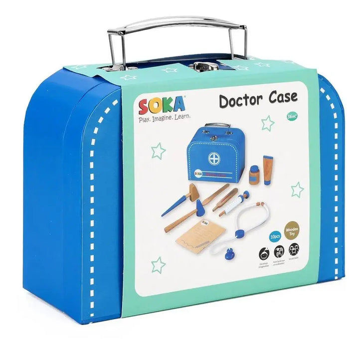 Kids wooden doctor set with blue carry case, toy medical tools, and SOKA branding
