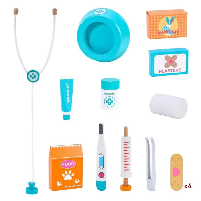 Kids wooden veterinary kit with stethoscope, bandages, medicine, and pet care tools.