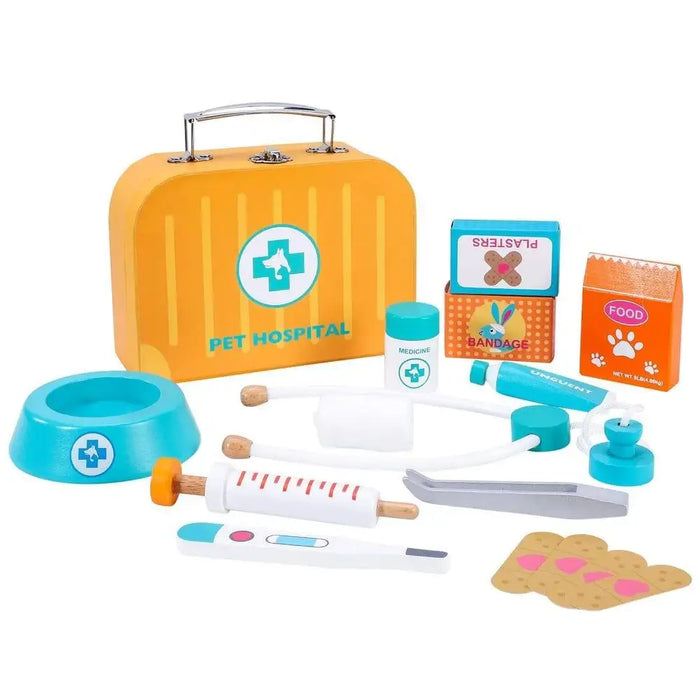 Wooden kids pet hospital play set with orange carry case, toy vet tools, and accessories