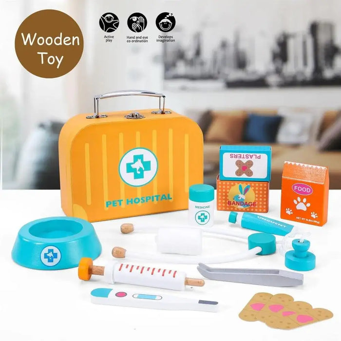 Kids' wooden pet hospital veterinary kit with carry case, toy medical tools and accessories.