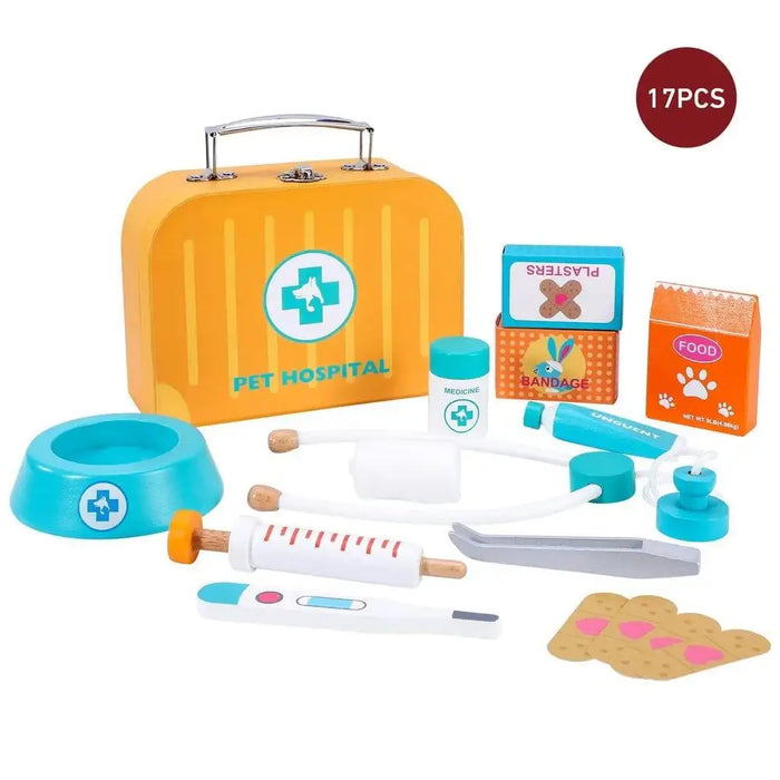 Wooden kids pet hospital toy set with case, medical tools, bandages, and pretend pet food