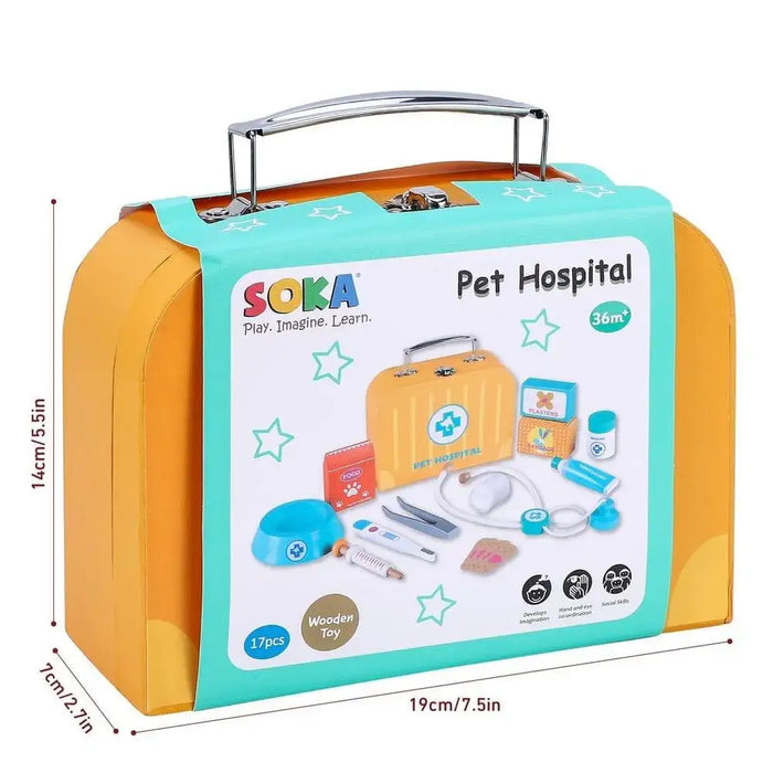 Kids wooden pet hospital veterinary kit with carry case, 17-piece SOKA toy set