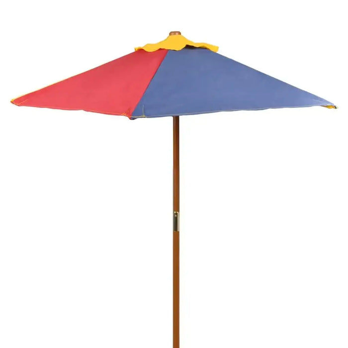 Colorful kids parasol with red, blue, and yellow panels on wooden pole, outdoor umbrella