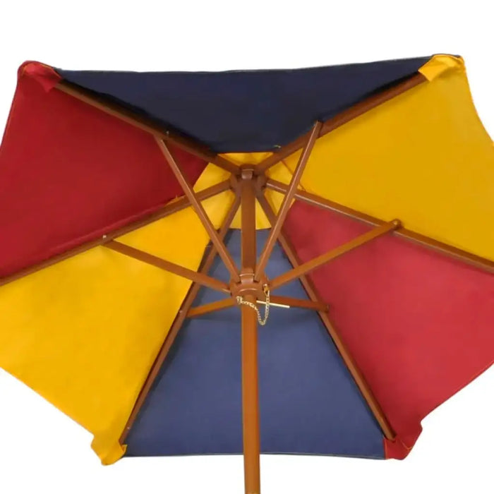 Colorful rainbow wooden parasol with red, yellow, and blue panels for kids' picnic table