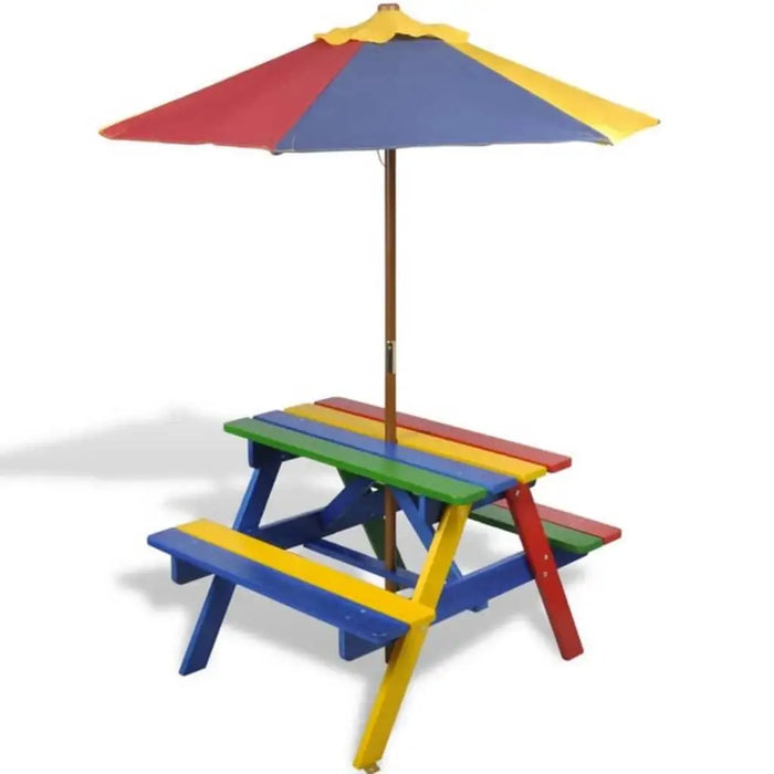 Kids wooden picnic table and bench in rainbow colors with sun parasol