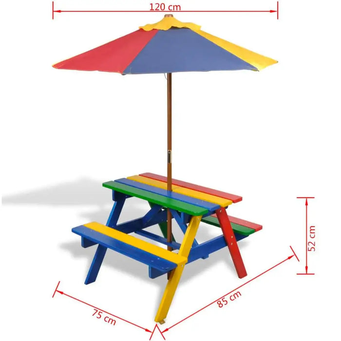 Kids rainbow wooden picnic table and bench set with colorful parasol, size dimensions shown