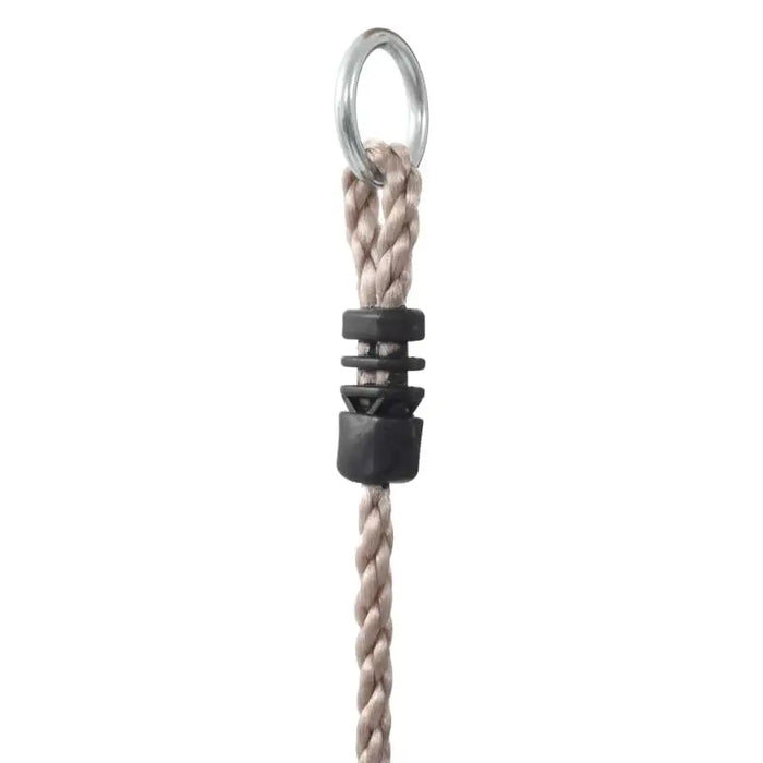 Close-up of a beige PE rope with black plastic stopper and metal ring for kids wooden ladder