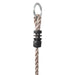 Close-up of a beige PE rope with black plastic stopper and metal ring for kids wooden ladder