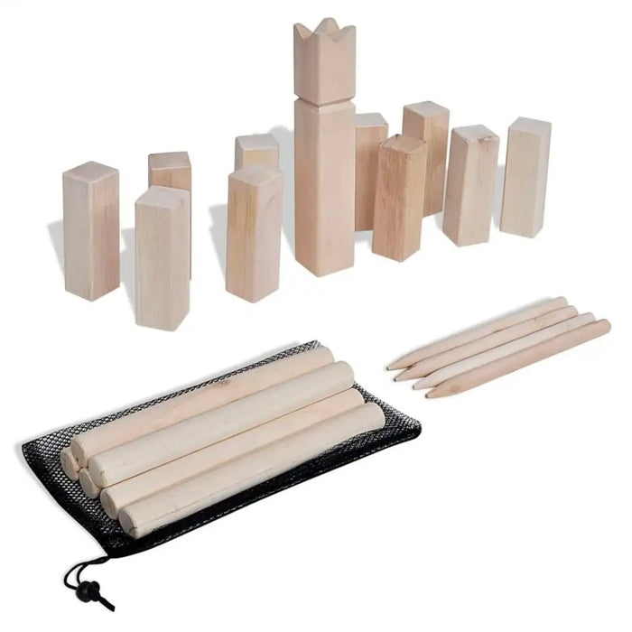 Traditional Swedish Kubb game set with pine wood pieces and black carry bag on white background