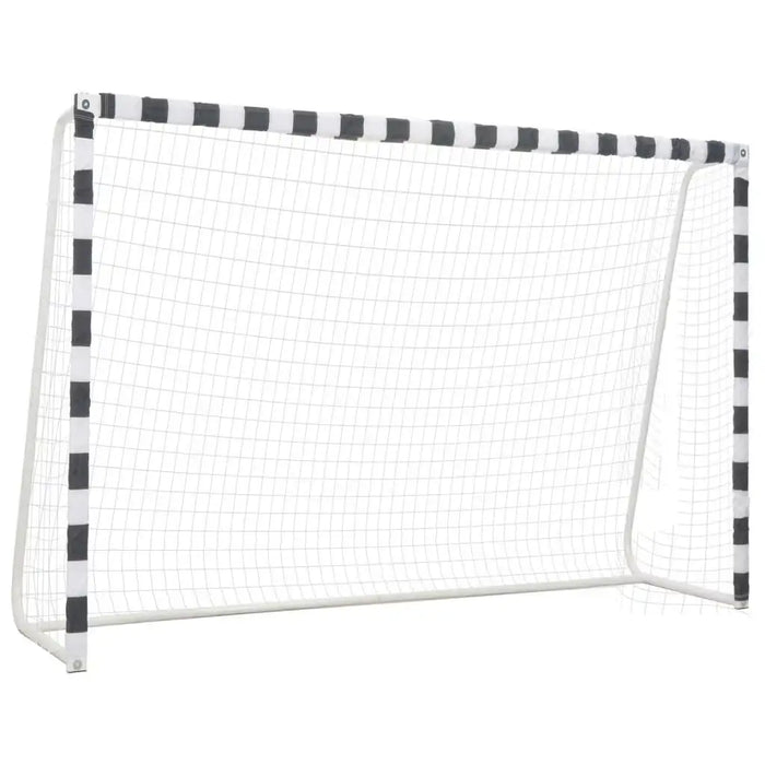 Large metal football goal with black and white frame and weather-resistant net