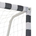 Close-up of metal football goal post with weather-resistant net and striped padding