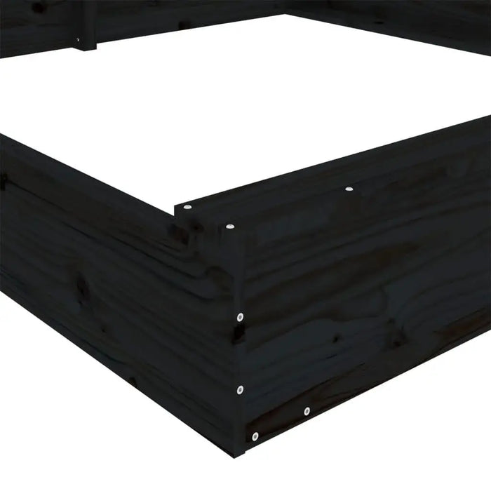 Large square wooden sandbox with premium black finish and visible metal screws