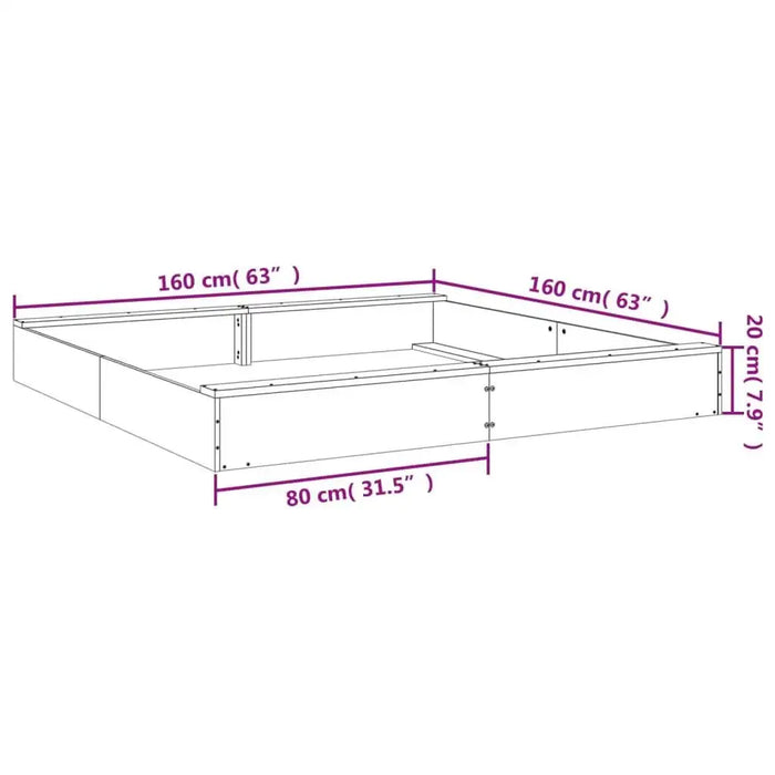 Line drawing of large square wooden sandbox with seats, dimensions labeled in cm and inches.