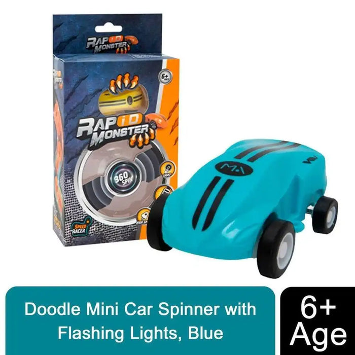Blue doodle mini car spinner toy with flashing lights, packaging, and 6+ age label
