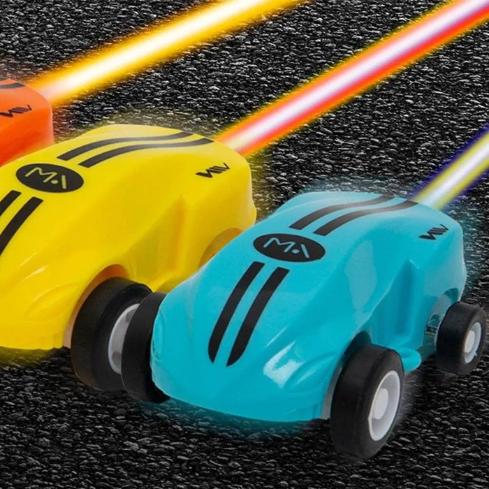 Blue line following toy car with LED lights racing on black textured track