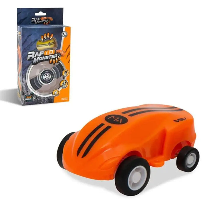 Orange line following racing toy car with LED lights and retail packaging