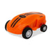 Orange magic doodle car toy with black stripes, four wheels, on white background