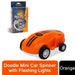 Orange doodle mini car spinner toy with black stripes, packaging box in background, labeled flashing lights.