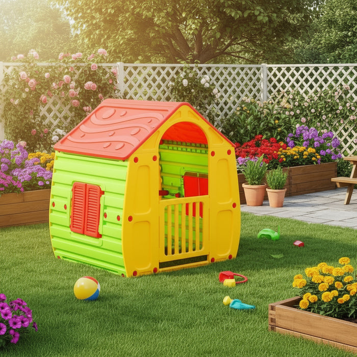 Colorful plastic kids playhouse with mail slot in a garden with flowers and toys