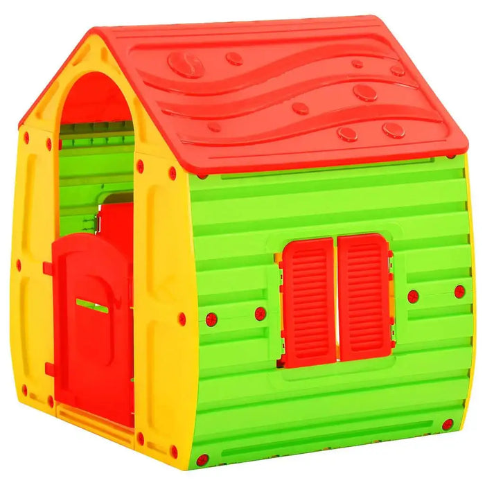 Multicolour kids plastic playhouse with green walls, red roof, and yellow frame