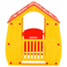 Colorful kids plastic playhouse with red roof and yellow walls, front door visible