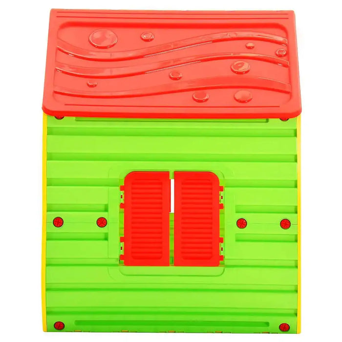 Colorful kids playhouse with green walls, red roof, and red shutters, indoor outdoor toy