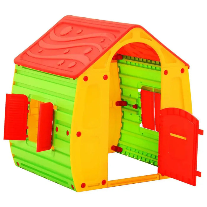 Multicolour kids plastic playhouse with red roof, green walls, yellow frame, open red door