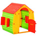 Multicolour kids plastic playhouse with red roof, green walls, yellow frame, open red door