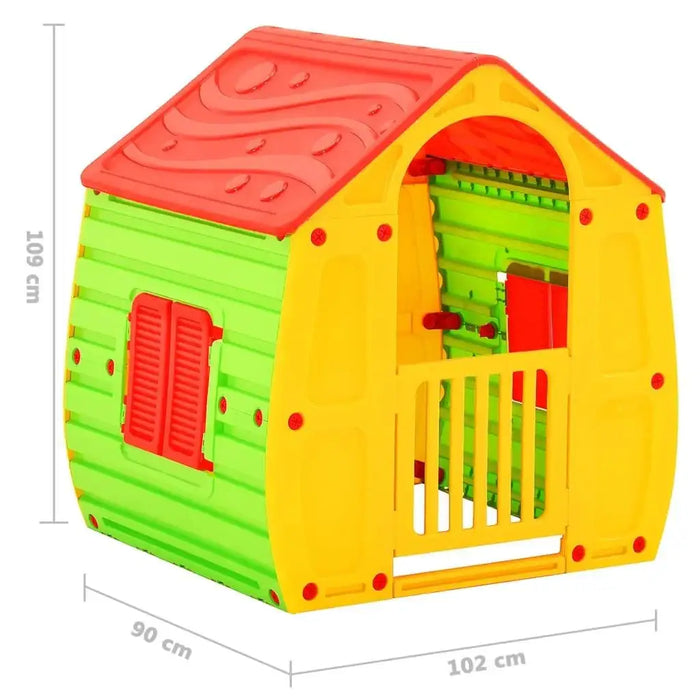 Multicolour kids playhouse with red roof, green walls, yellow gate, and mail slot, 109x102x90cm