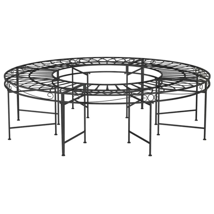 Black steel round tree bench with weather-resistant wrap-around design on white background