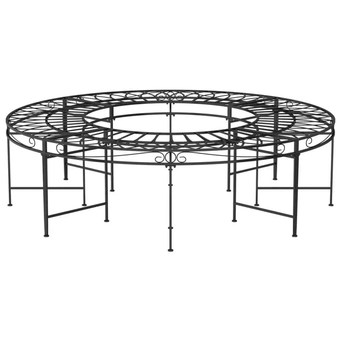 Black metal round tree bench, weather-resistant, steel wrap-around garden seat