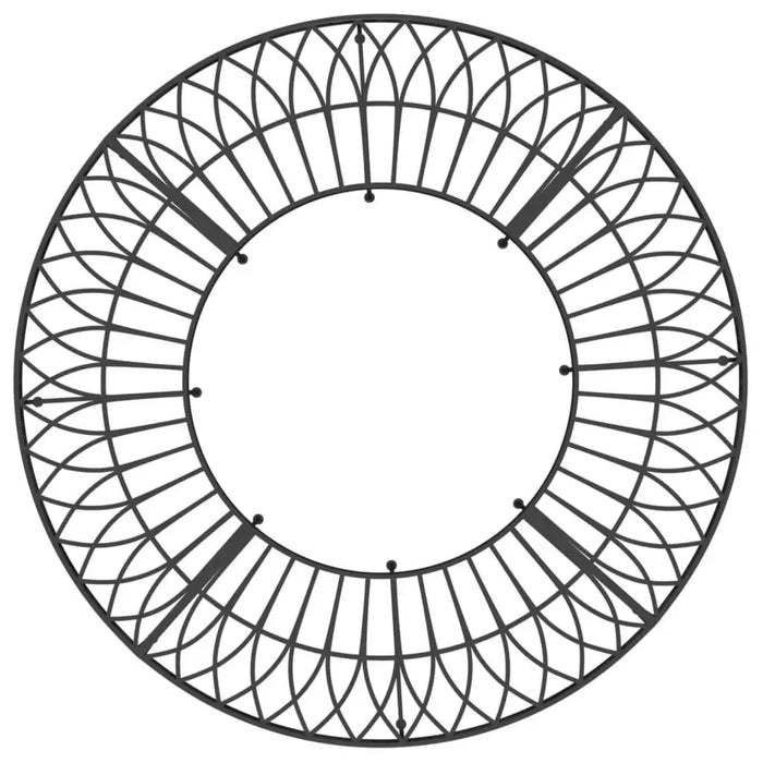 Black metal round tree bench with weather-resistant wrap-around steel design, top view