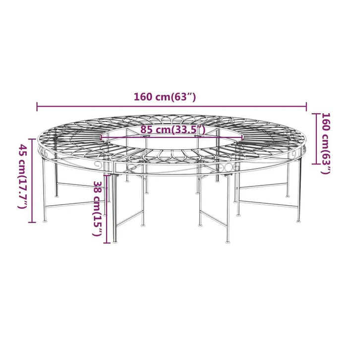 Black steel round tree bench with wrap-around design, dimensions labeled in centimeters