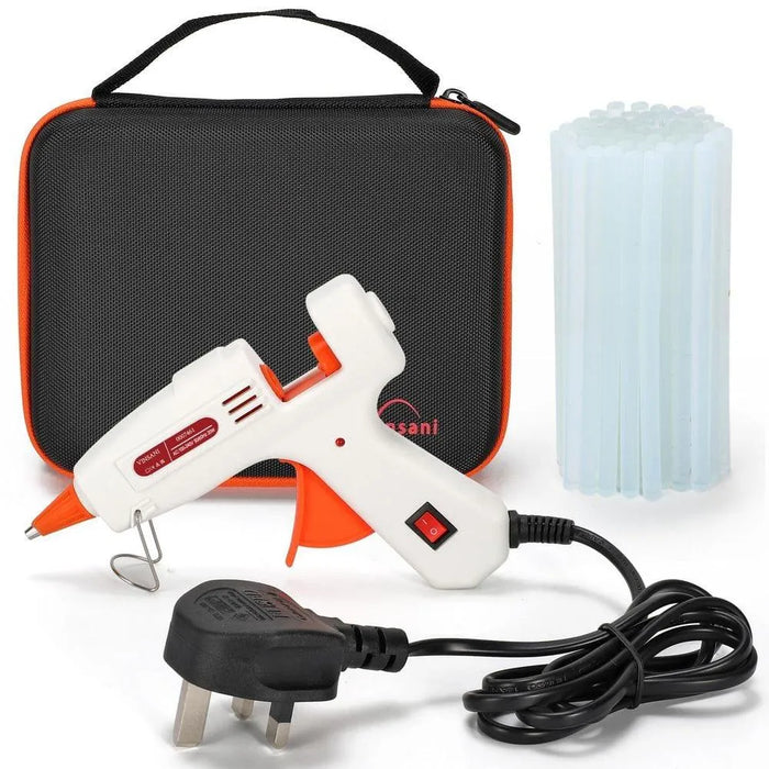 Mini glue gun with trigger, UK plug, 50 glue sticks, and black carrying case