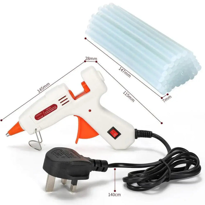 Mini glue gun with UK plug, orange trigger, and 50 clear glue sticks with size labels