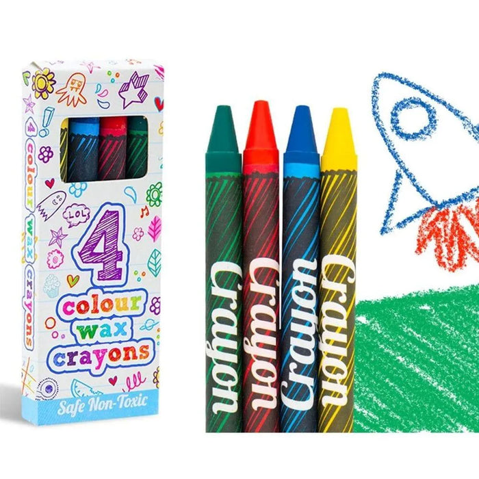 4-pack non-toxic wax crayons with colorful box, green, red, blue, yellow crayons, kid's rocket drawing