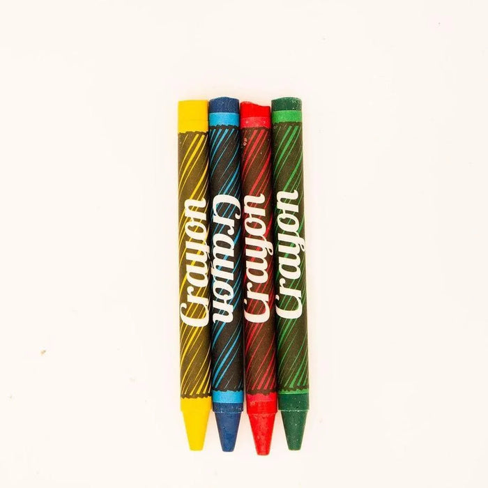 Pack of four non-toxic wax crayons in yellow, blue, red, and green on white background.