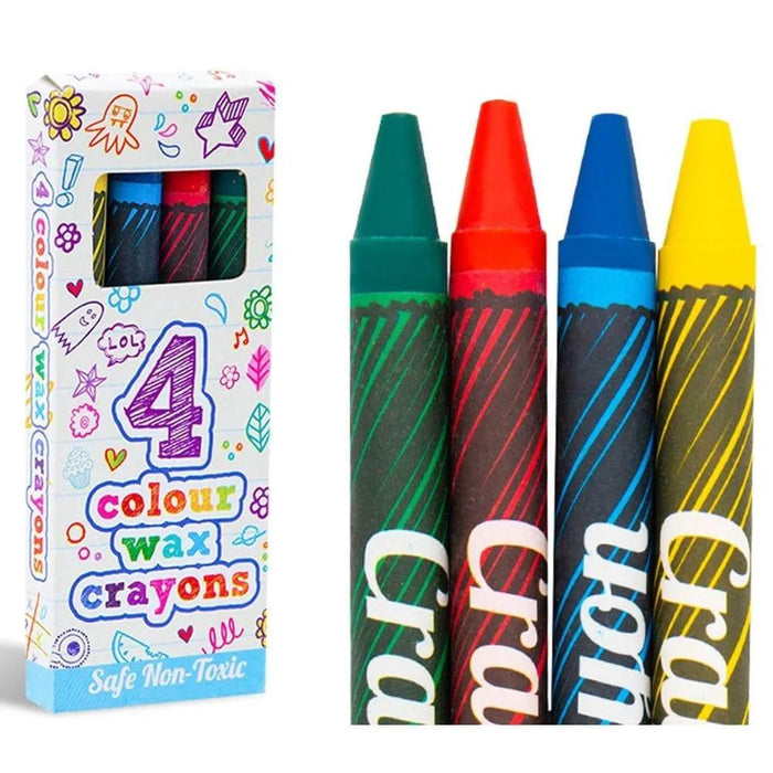 4 pack mini wax crayons in red, green, blue, yellow with colorful non-toxic packaging