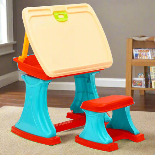 Colorful multi-functional children's learning desk and stool set with foldable easel