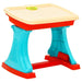 Colorful plastic children's learning desk with blue legs, red base, and cream top