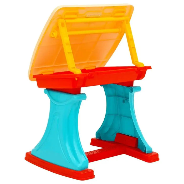 Colorful multi-functional children's learning desk with blue legs, red frame, and yellow easel top