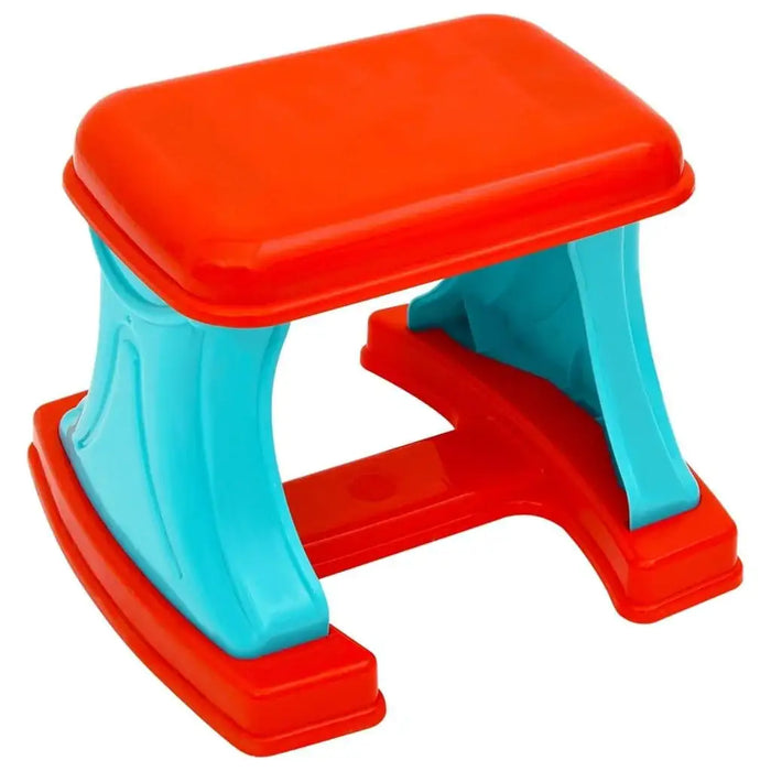 Colorful kids’ plastic stool with red seat and blue legs for children’s learning desk