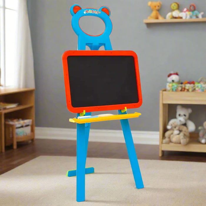 Colorful kids' learning easel with magnetic chalkboard in a playroom with toys