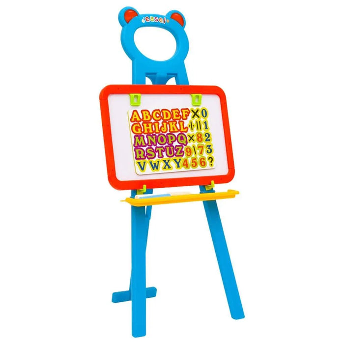Colorful children's learning easel with magnetic board, letters and numbers, blue and red frame