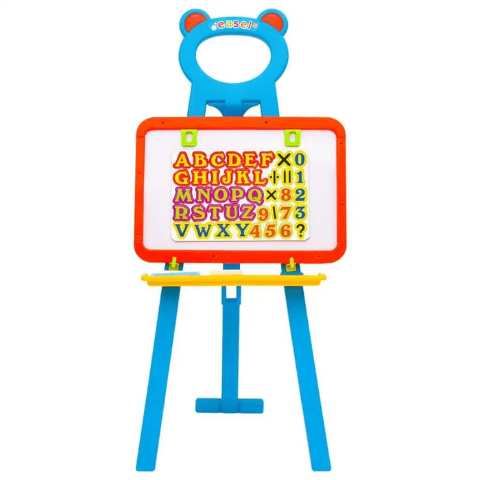 Colorful children's learning easel with magnetic alphabet and numbers on a whiteboard