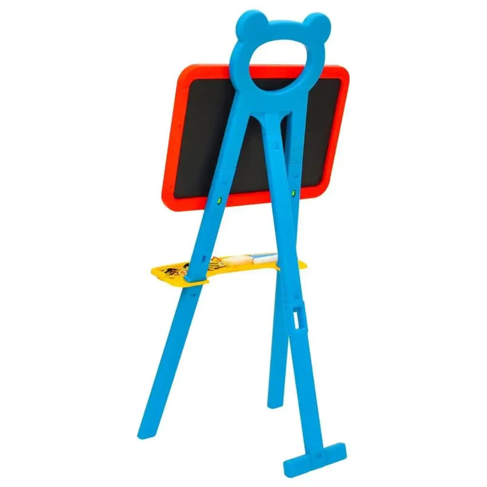 Blue and red children's learning easel with magnetic board and yellow tray on white background.