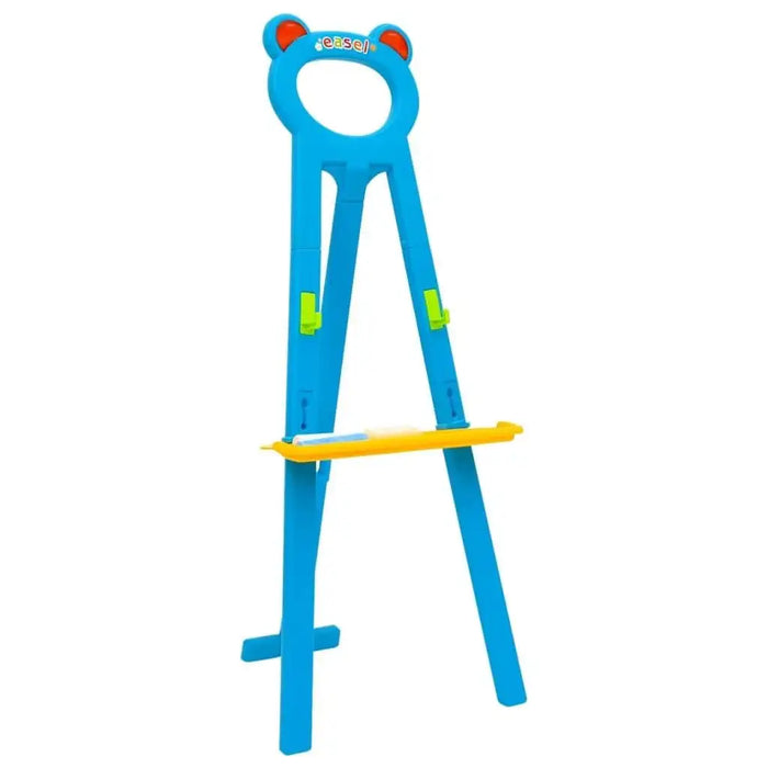 Blue children's easel with bear-shaped top, yellow tray, and green clips, educational toy
